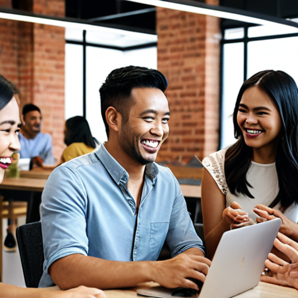 ** Diverse group of people smiling and interacting in a modern co-working space. Emphasis on community building and customer engagement. Subtle branding elements of a fictional Malaysian company.

**