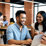 ** Diverse group of people smiling and interacting in a modern co-working space. Emphasis on community building and customer engagement. Subtle branding elements of a fictional Malaysian company.

**
