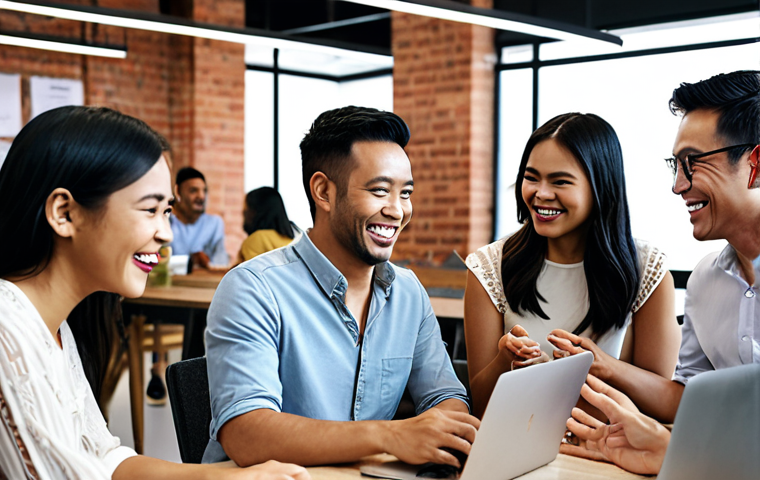 ** Diverse group of people smiling and interacting in a modern co-working space. Emphasis on community building and customer engagement. Subtle branding elements of a fictional Malaysian company.

**