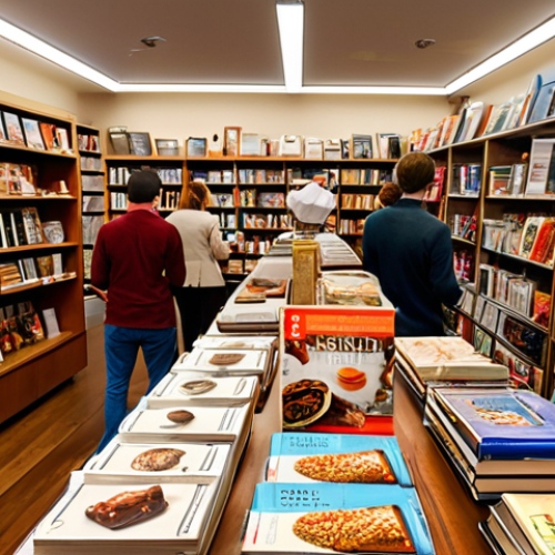 Home 20 **Busy bookstore interior:** Cookbook display near kitchenware, customers browsing. Focus on the strategic placement to increase sales.