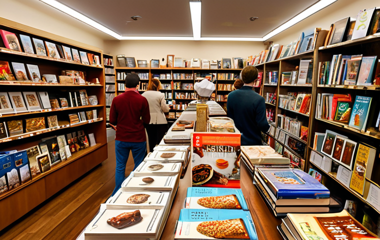 **Busy bookstore interior:** Cookbook display near kitchenware, customers browsing. Focus on the strategic placement to increase sales.