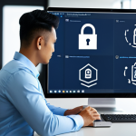A focused Malaysian professional, male, in a modest business casual outfit with a long-sleeved collared shirt and smart trousers, seated at a sleek, minimalist desk in a modern, well-lit office. On the laptop screen, abstract digital security icons like a padlock and a shield are prominently displayed, representing online protection. The background is a subtly blurred office interior. The scene conveys a sense of vigilance and digital awareness. Professional photography, high-resolution, realistic, studio lighting, perfect anatomy, correct proportions, natural pose, well-formed hands, proper finger count, natural body proportions, safe for work, appropriate content, fully clothed, professional.