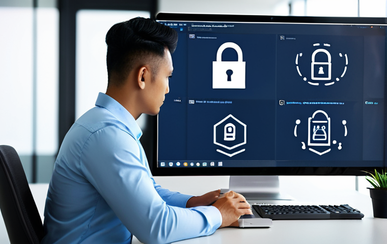 A focused Malaysian professional, male, in a modest business casual outfit with a long-sleeved collared shirt and smart trousers, seated at a sleek, minimalist desk in a modern, well-lit office. On the laptop screen, abstract digital security icons like a padlock and a shield are prominently displayed, representing online protection. The background is a subtly blurred office interior. The scene conveys a sense of vigilance and digital awareness. Professional photography, high-resolution, realistic, studio lighting, perfect anatomy, correct proportions, natural pose, well-formed hands, proper finger count, natural body proportions, safe for work, appropriate content, fully clothed, professional.