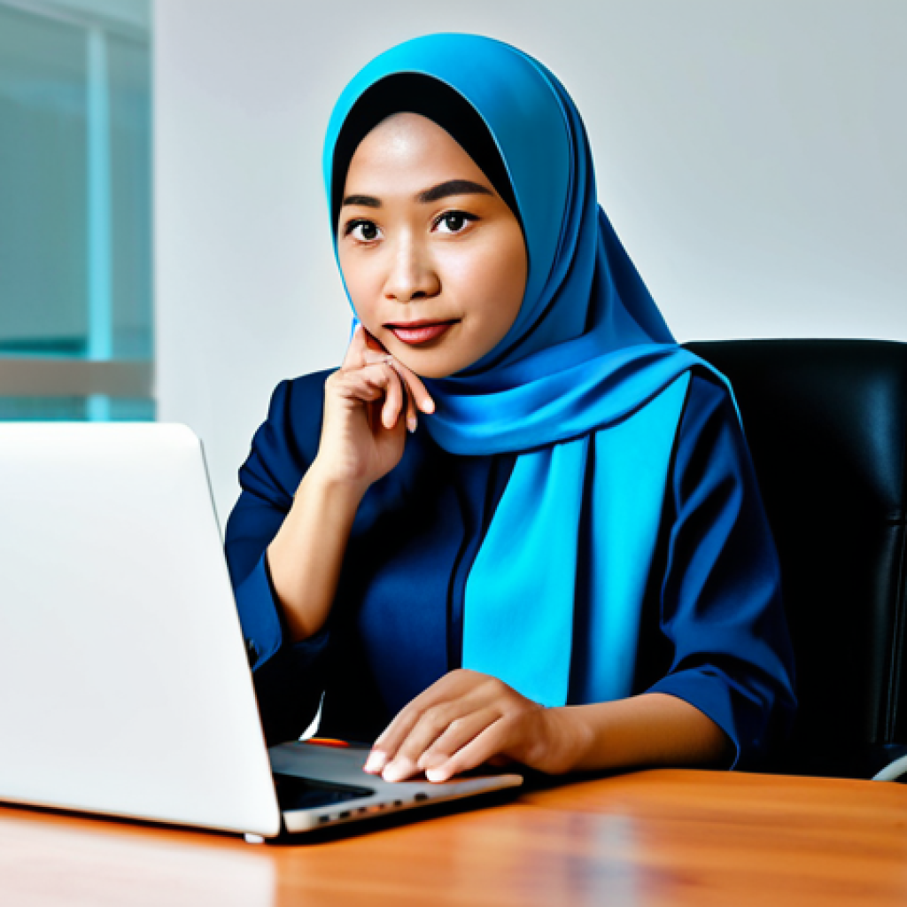 A diverse Malaysian professional, fully clothed in modest business attire, sitting attentively at a desk with a laptop and smartphone in a modern, well-lit home office. The person has a focused, cautious expression, symbolizing vigilance against online threats. Subtle visual elements might hint at digital security, such as a soft glow around a 'secure' icon on the screen, without showing explicit scam content. The background is clean and professional. The image conveys a sense of digital literacy and smart online practices. Safe for work, appropriate content, fully clothed, professional, perfect anatomy, correct proportions, natural pose, well-formed hands, proper finger count, natural body proportions, professional photography, high quality.
