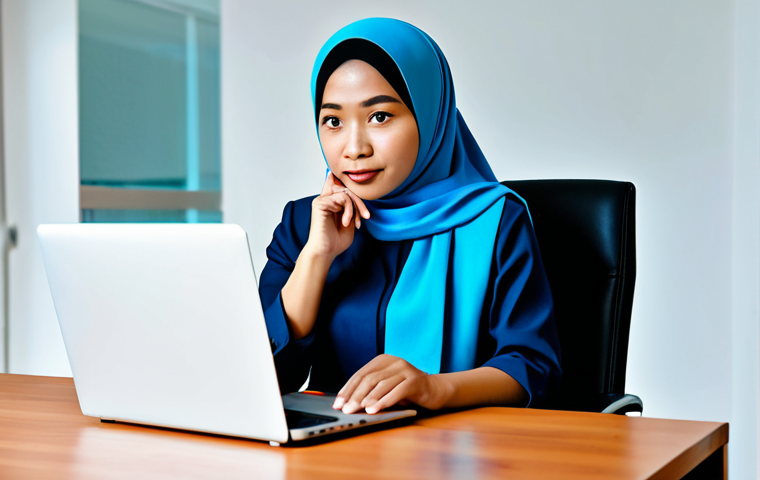 A diverse Malaysian professional, fully clothed in modest business attire, sitting attentively at a desk with a laptop and smartphone in a modern, well-lit home office. The person has a focused, cautious expression, symbolizing vigilance against online threats. Subtle visual elements might hint at digital security, such as a soft glow around a 'secure' icon on the screen, without showing explicit scam content. The background is clean and professional. The image conveys a sense of digital literacy and smart online practices. Safe for work, appropriate content, fully clothed, professional, perfect anatomy, correct proportions, natural pose, well-formed hands, proper finger count, natural body proportions, professional photography, high quality.
