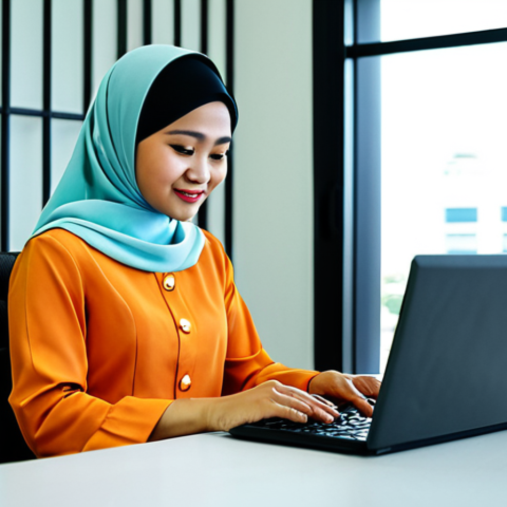 Modern Malaysian Business Environment**

"A professional Malaysian businesswoman in a modest baju kurung, working on a laptop in a bright, modern Kuala Lumpur office, fully clothed, appropriate attire, safe for work, perfect anatomy, natural proportions, professional photography, high quality, family-friendly."

**