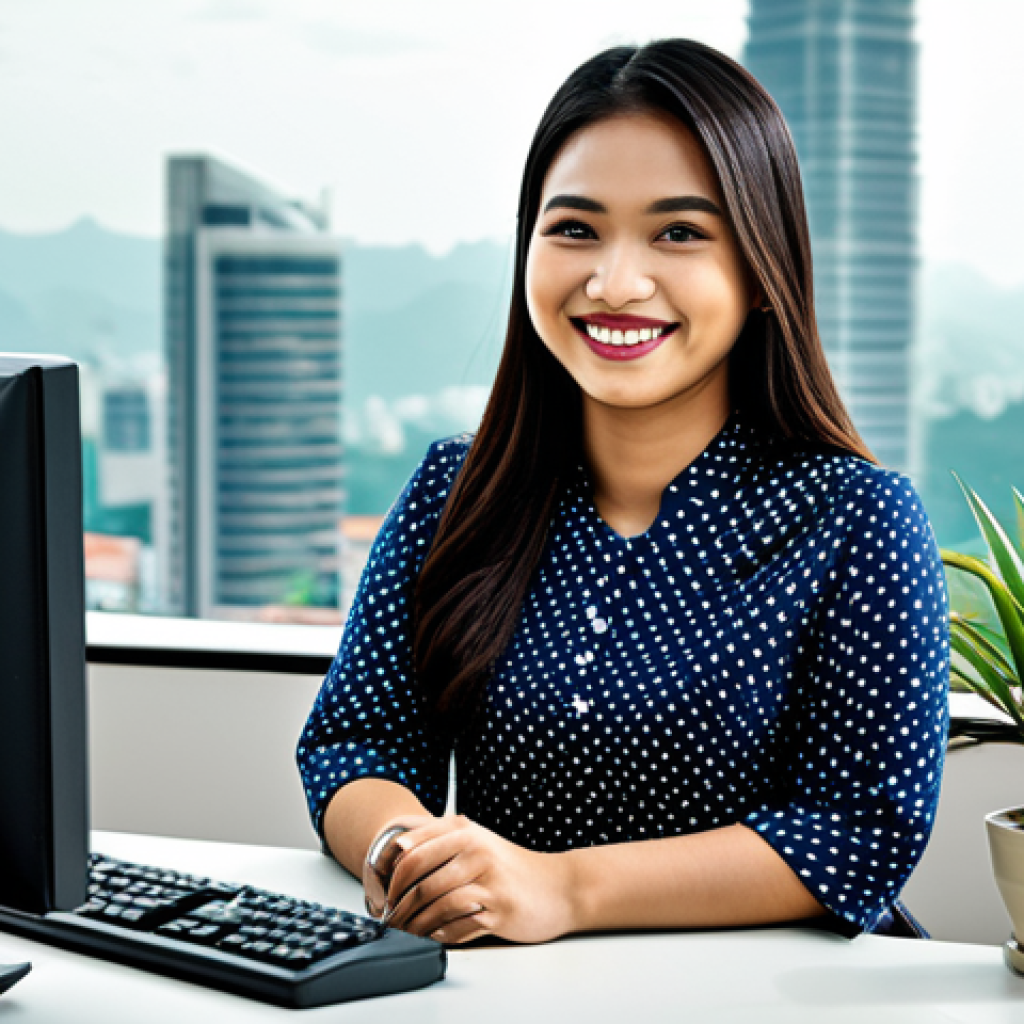 **

"A friendly Malaysian customer service representative, wearing a baju kurung, assisting a customer in a modern, bright office. The representative is smiling and looking directly at the customer. Background includes office plants and a blurred cityscape of Kuala Lumpur. Professional, fully clothed, appropriate attire, safe for work, perfect anatomy, natural proportions, high quality."

**