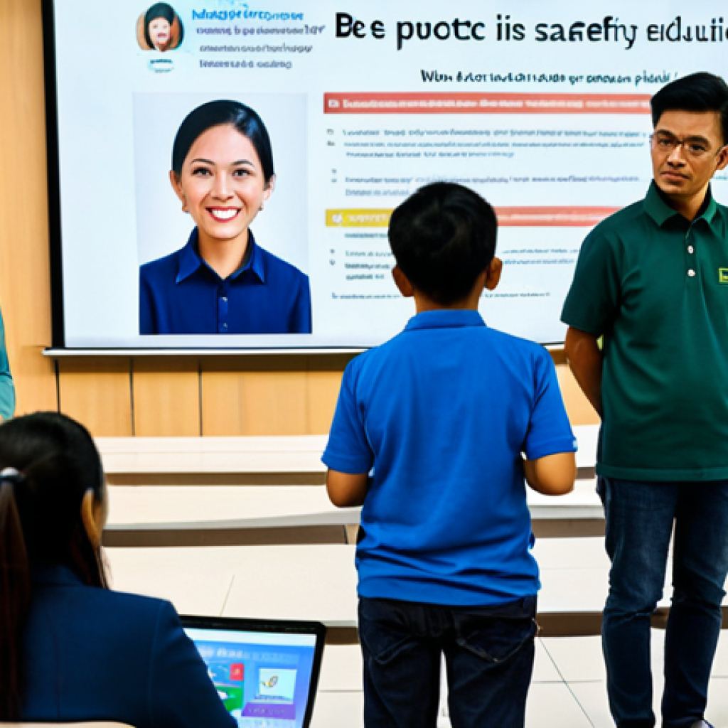 **

A brightly lit workshop scene focused on online safety education. A diverse group of Malaysians (men and women, various ages, wearing modest, everyday clothing) are attentively watching a presenter demonstrating how to identify phishing scams on a laptop. Banners with slogans like "Be Scam Smart, Malaysia!" and "Protect Your Data!" are visible. Modern computers and educational materials are scattered around the room. safe for work, appropriate content, fully clothed, educational, family-friendly, perfect anatomy, correct proportions, natural pose, well-formed hands, proper finger count, natural body proportions, high quality, professional photography.

**