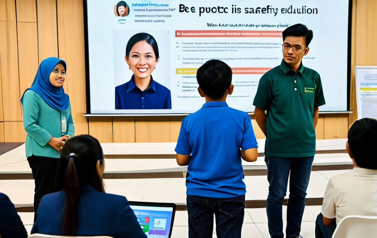 **

A brightly lit workshop scene focused on online safety education. A diverse group of Malaysians (men and women, various ages, wearing modest, everyday clothing) are attentively watching a presenter demonstrating how to identify phishing scams on a laptop. Banners with slogans like "Be Scam Smart, Malaysia!" and "Protect Your Data!" are visible. Modern computers and educational materials are scattered around the room. safe for work, appropriate content, fully clothed, educational, family-friendly, perfect anatomy, correct proportions, natural pose, well-formed hands, proper finger count, natural body proportions, high quality, professional photography.

**