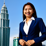 **

A successful businesswoman in a fully clothed, modest, dark-blue business suit with a white blouse, standing confidently in front of the Petronas Twin Towers in Kuala Lumpur, Malaysia. She is smiling gently. The background features a clear blue sky and the vibrant city skyline. Safe for work, appropriate content, professional, perfect anatomy, correct proportions, natural pose, well-formed hands, proper finger count, natural body proportions, high-quality image.

**