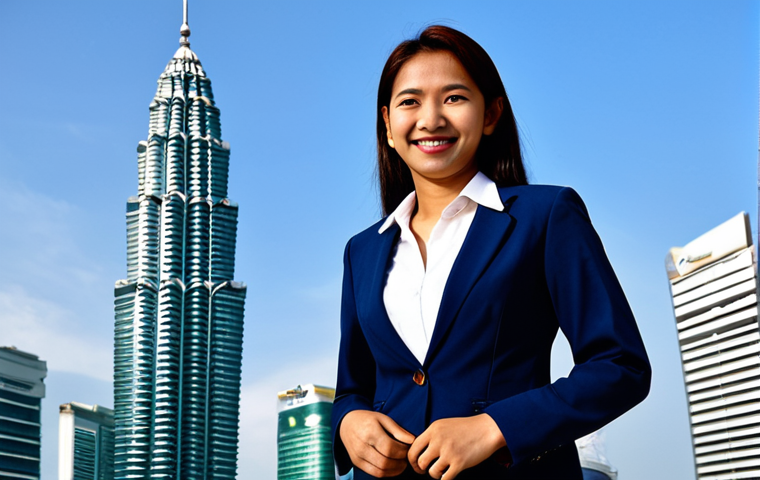 **

A successful businesswoman in a fully clothed, modest, dark-blue business suit with a white blouse, standing confidently in front of the Petronas Twin Towers in Kuala Lumpur, Malaysia. She is smiling gently. The background features a clear blue sky and the vibrant city skyline. Safe for work, appropriate content, professional, perfect anatomy, correct proportions, natural pose, well-formed hands, proper finger count, natural body proportions, high-quality image.

**
