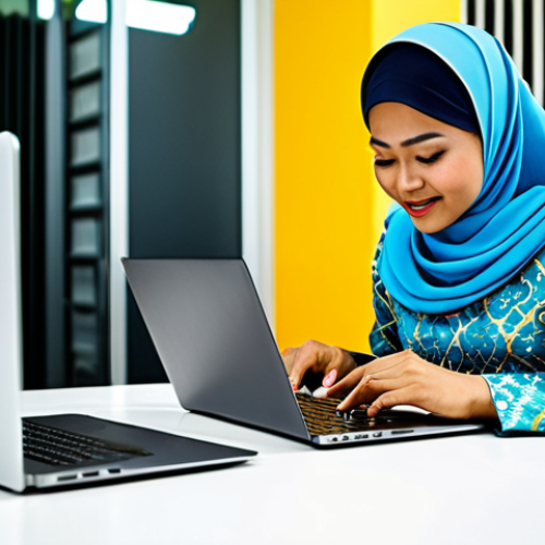 **

A professional Malay businesswoman in a modest *baju kurung* (traditional Malay dress), working on a laptop at a bright and modern co-working space in Kuala Lumpur, fully clothed, appropriate attire, safe for work, perfect anatomy, natural proportions, professional photography, high quality, family-friendly.

**