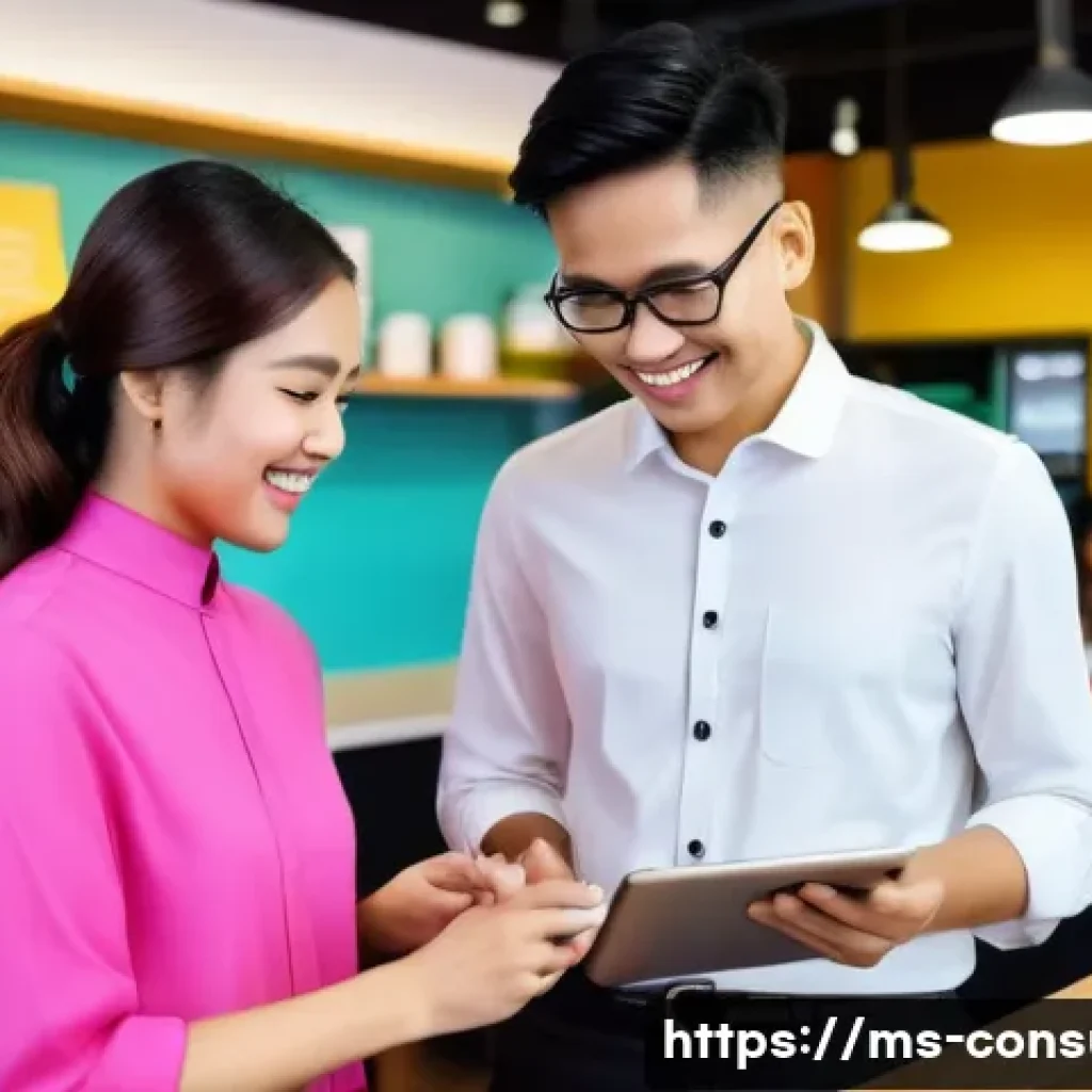 소비자중심 경영과 디지털 혁신의 연계 전략과 성공 사례 분석 - **Prompt:** A vibrant and bustling modern Malaysian cafe or co-working space, filled with a diverse ...