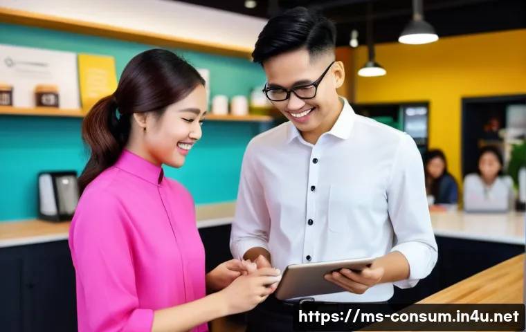 소비자중심 경영과 디지털 혁신의 연계 전략과 성공 사례 분석 - **Prompt:** A vibrant and bustling modern Malaysian cafe or co-working space, filled with a diverse ...
