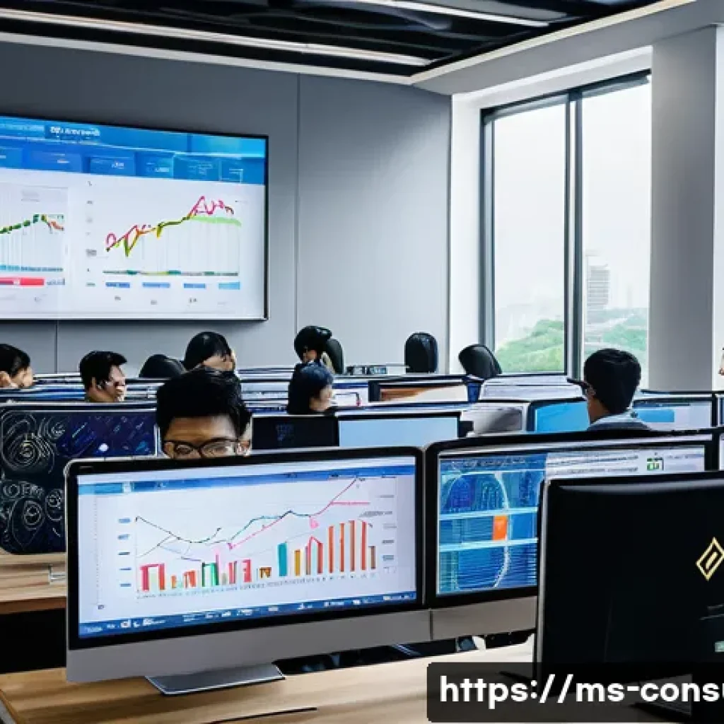 소비자 행동 데이터를 활용한 디지털 서비스 혁신 - A modern digital marketing office in Kuala Lumpur, Malaysia, featuring a diverse team of young profe...