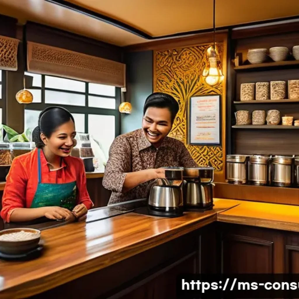 소비자중심 경영으로 성장한 기업 사례 - A cozy local Malaysian coffee shop scene featuring a friendly barista warmly greeting diverse custom...