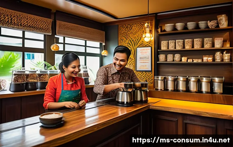 소비자중심 경영으로 성장한 기업 사례 - A cozy local Malaysian coffee shop scene featuring a friendly barista warmly greeting diverse custom...
