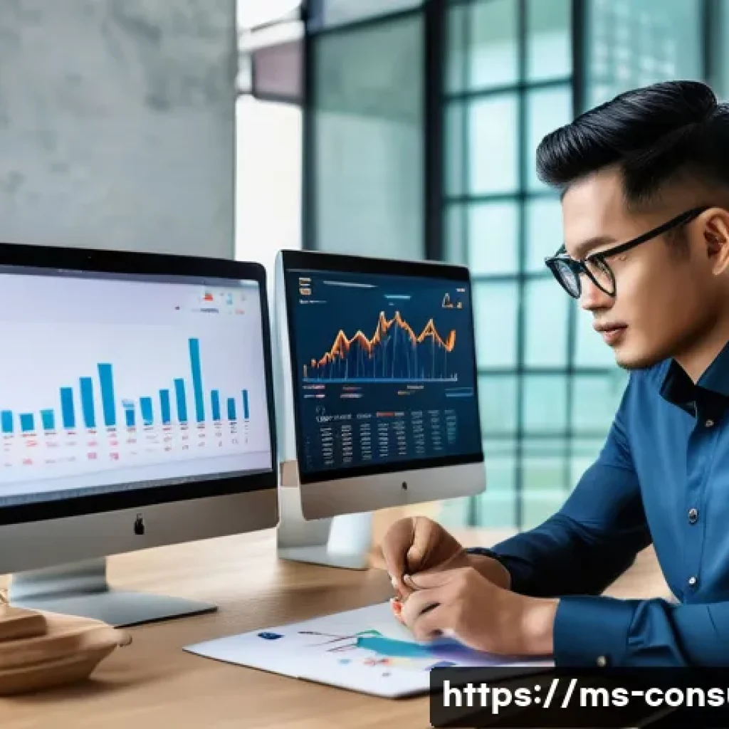소비자 행동 데이터 활용과 미래 전망 - A modern Malaysian online business owner analyzing consumer behavior data on multiple digital device...