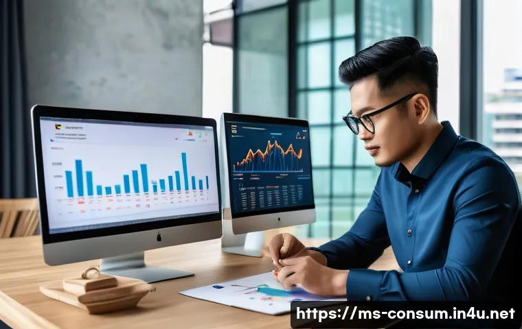 소비자 행동 데이터 활용과 미래 전망 - A modern Malaysian online business owner analyzing consumer behavior data on multiple digital device...