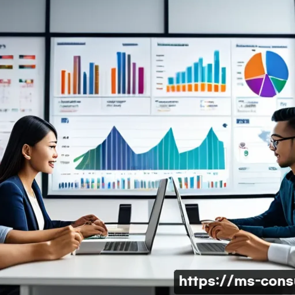 소비자 행동 데이터를 활용한 글로벌 성공 사례 연구와 분석 - A modern Malaysian digital marketing office scene showing a diverse team of young professionals anal...