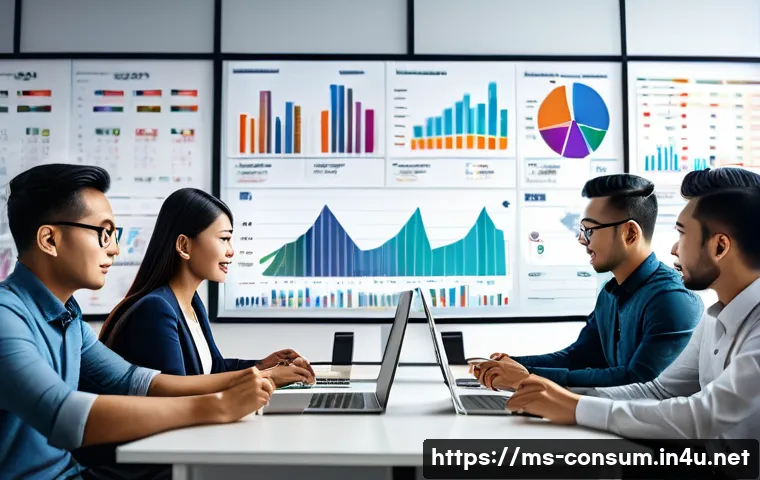 소비자 행동 데이터를 활용한 글로벌 성공 사례 연구와 분석 - A modern Malaysian digital marketing office scene showing a diverse team of young professionals anal...