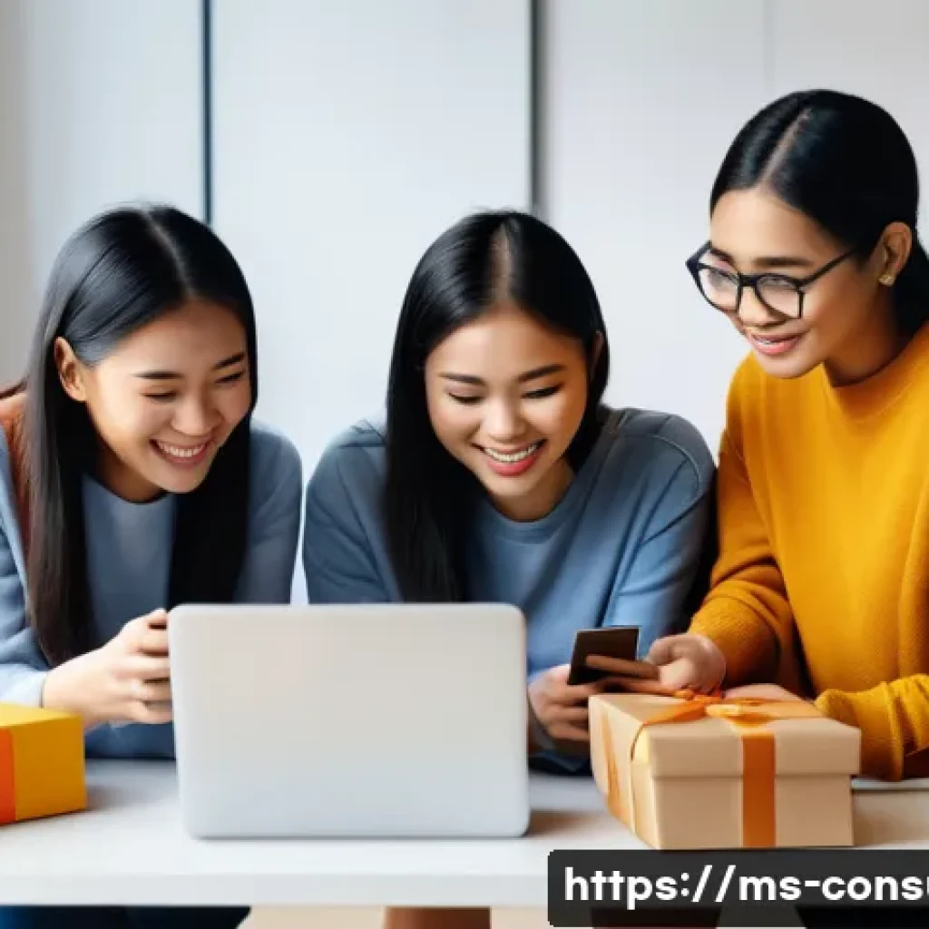 소비자 보호법과 관련된 최신 이슈 분석 - A modern Malaysian online shopping scene featuring a diverse group of young adults using smartphones...