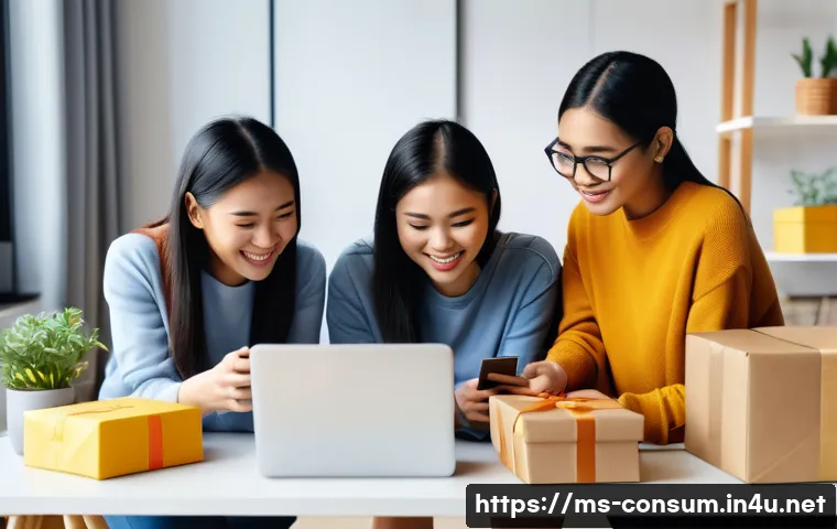 소비자 보호법과 관련된 최신 이슈 분석 - A modern Malaysian online shopping scene featuring a diverse group of young adults using smartphones...