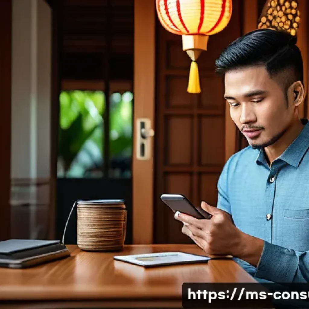 소비자 보호 관련 최신 동향과 사례 연구 - A modern Malaysian consumer using a smartphone banking app in a cozy home setting, receiving a suspi...