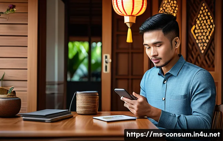 소비자 보호 관련 최신 동향과 사례 연구 - A modern Malaysian consumer using a smartphone banking app in a cozy home setting, receiving a suspi...