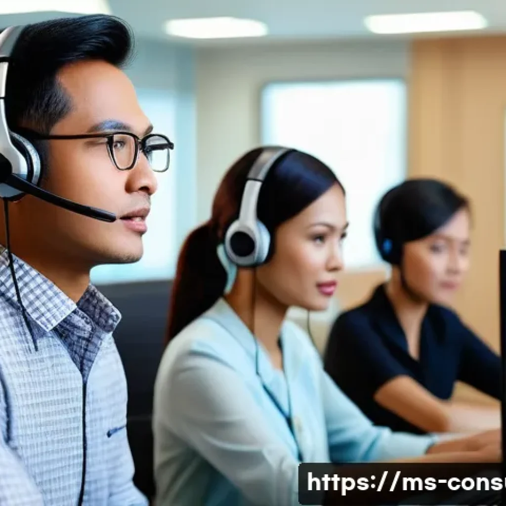 소비자 불만 관리 사례 분석 - A professional customer service scene in a modern Malaysian office environment, featuring a diverse ...