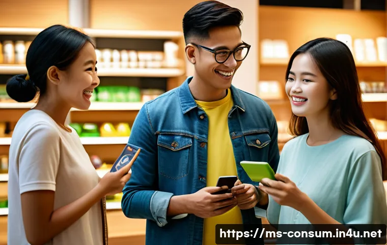 소비자 행동 변화와 마케팅 전략 - A diverse group of Malaysian consumers shopping in a modern eco-friendly store, holding products wit...