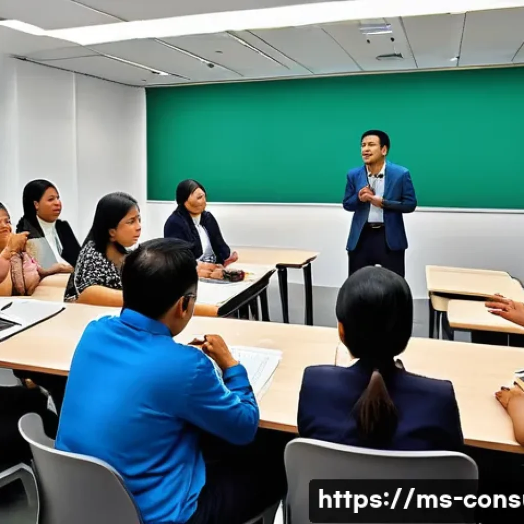 소비자 보호 교육 프로그램 설계 - A diverse group of Malaysian adults in a modern classroom setting engaged in an interactive consumer...