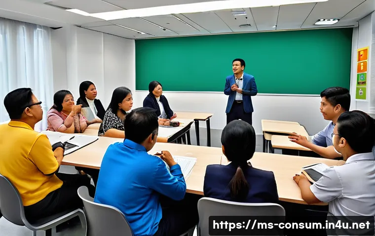 소비자 보호 교육 프로그램 설계 - A diverse group of Malaysian adults in a modern classroom setting engaged in an interactive consumer...