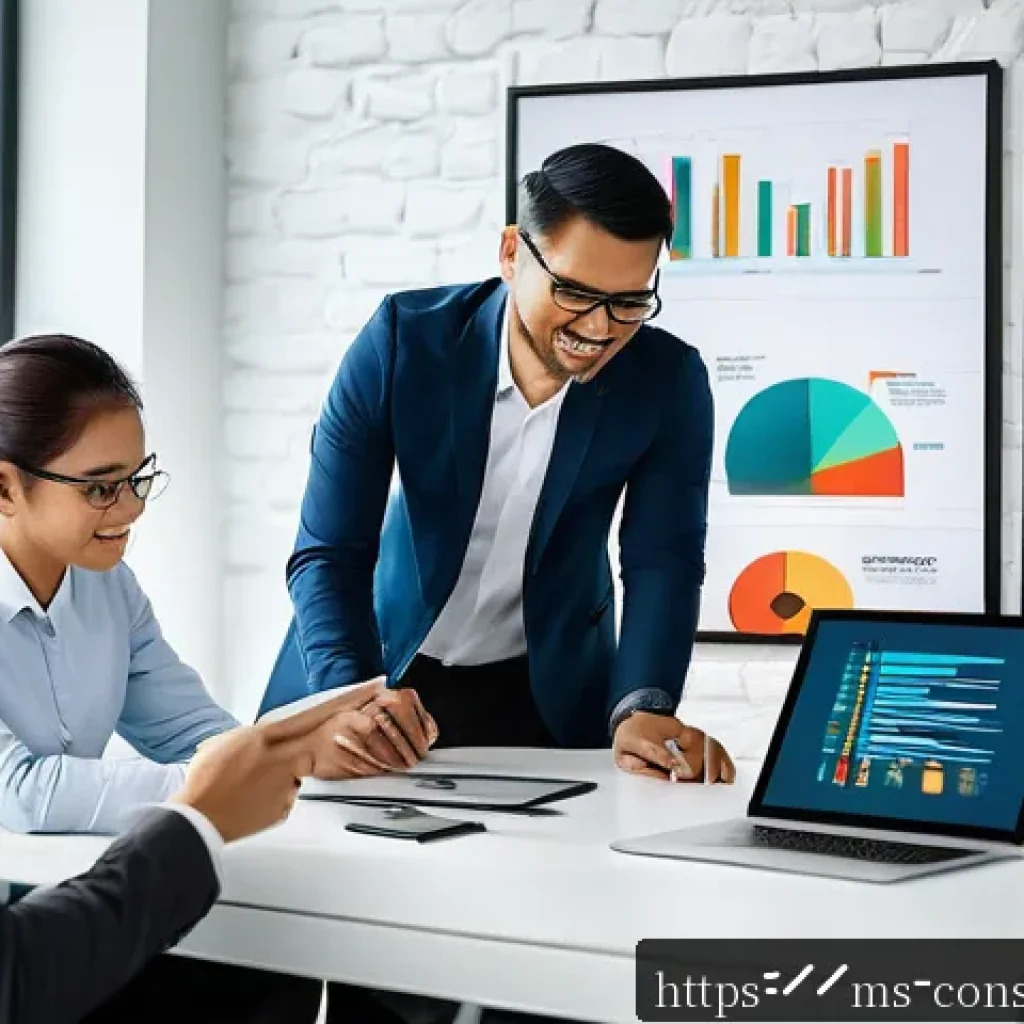 소비자중심 사고를 키우는 방법 - A modern Malaysian office scene showing a diverse team of professionals using a sleek CRM dashboard ...