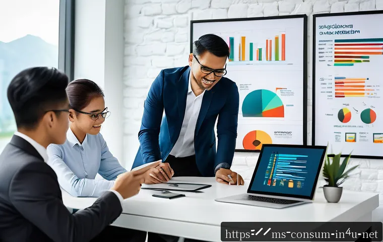 소비자중심 사고를 키우는 방법 - A modern Malaysian office scene showing a diverse team of professionals using a sleek CRM dashboard ...