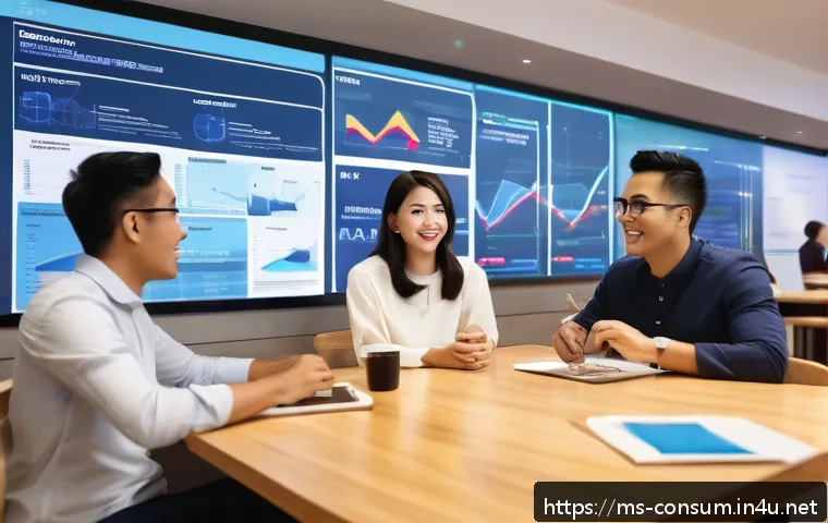 소비자 행동 데이터 분석을 통한 마케팅 혁신 - A modern Malaysian digital marketing office scene showing a diverse team analyzing consumer behavior...