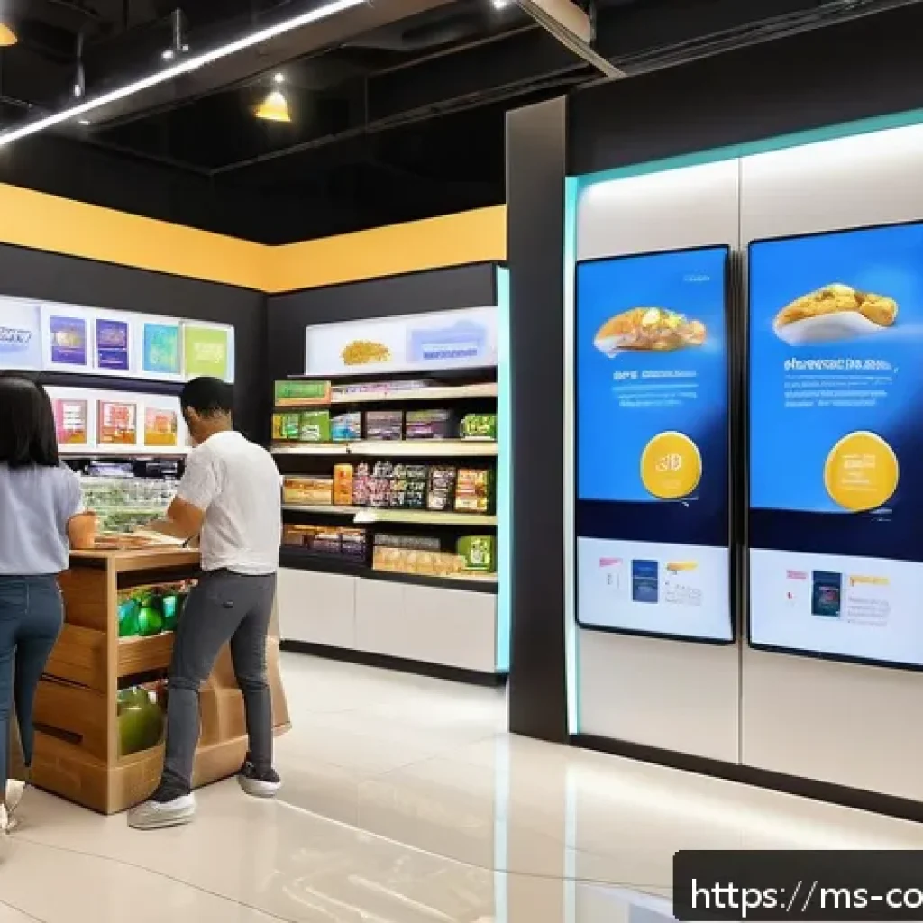 소비자 행동 데이터를 활용한 서비스 혁신 - A modern Malaysian retail store interior bustling with diverse customers engaging with digital touch...
