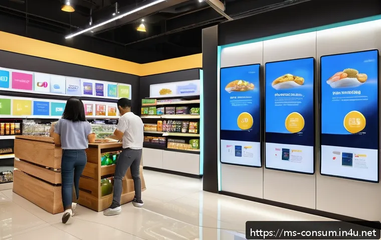 소비자 행동 데이터를 활용한 서비스 혁신 - A modern Malaysian retail store interior bustling with diverse customers engaging with digital touch...