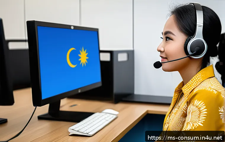 소비자 불만 유형별 대응 프로세스 - A professional customer service representative at a modern Malaysian office desk, attentively listen...