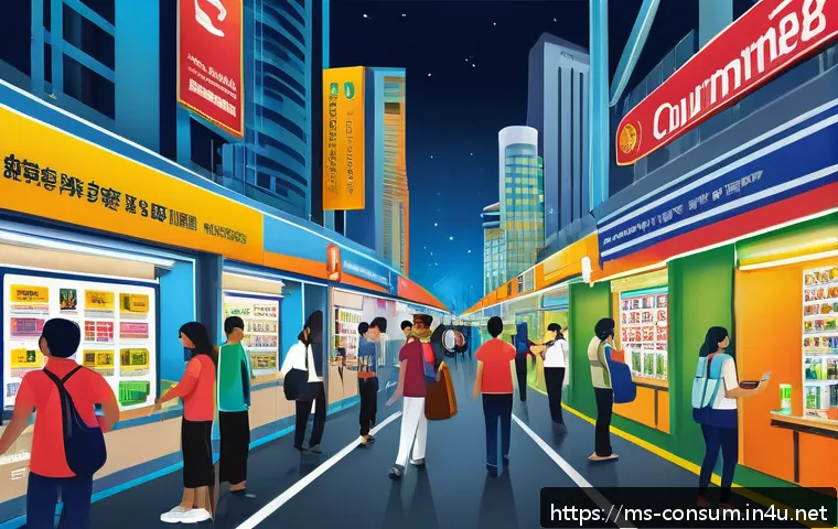 소비자 보호 관련 주요 연구 논문 리뷰 - A detailed digital illustration of a Malaysian consumer rights awareness campaign scene in a busy ur...