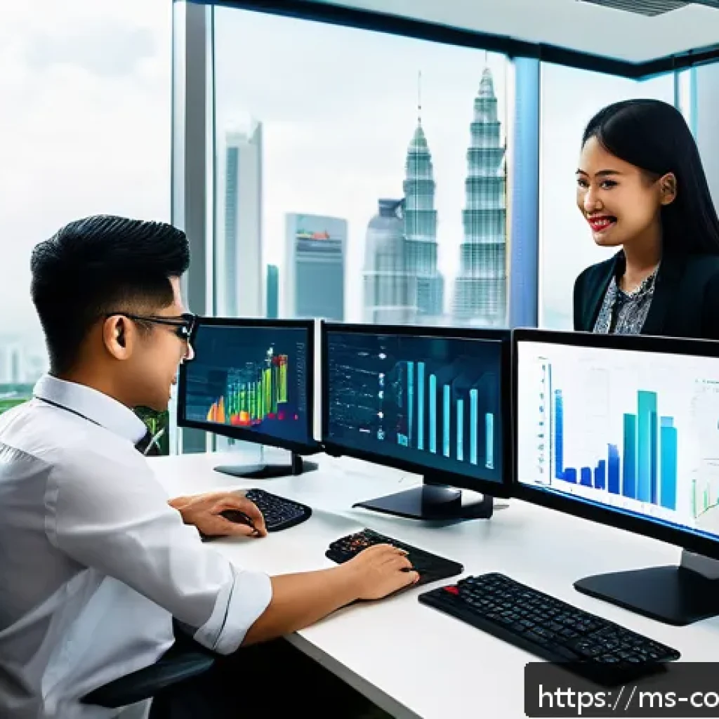 소비자 행동 데이터 활용과 경쟁력 향상 - A modern digital marketing office scene in Kuala Lumpur, Malaysia, showing a diverse team of young p...