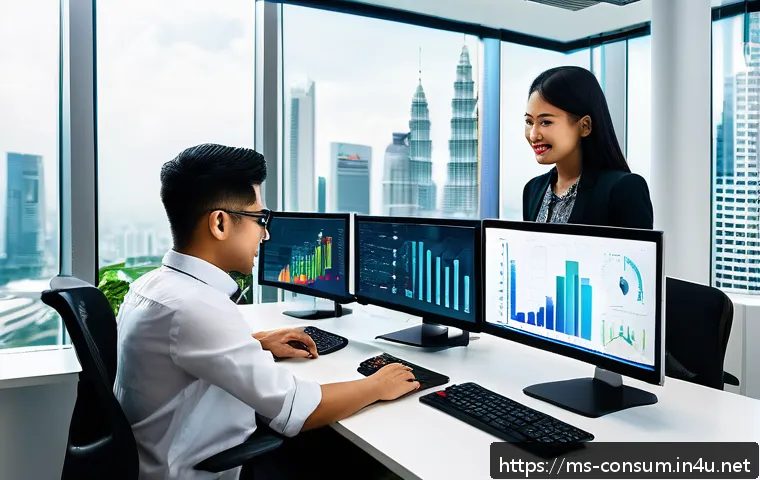 소비자 행동 데이터 활용과 경쟁력 향상 - A modern digital marketing office scene in Kuala Lumpur, Malaysia, showing a diverse team of young p...