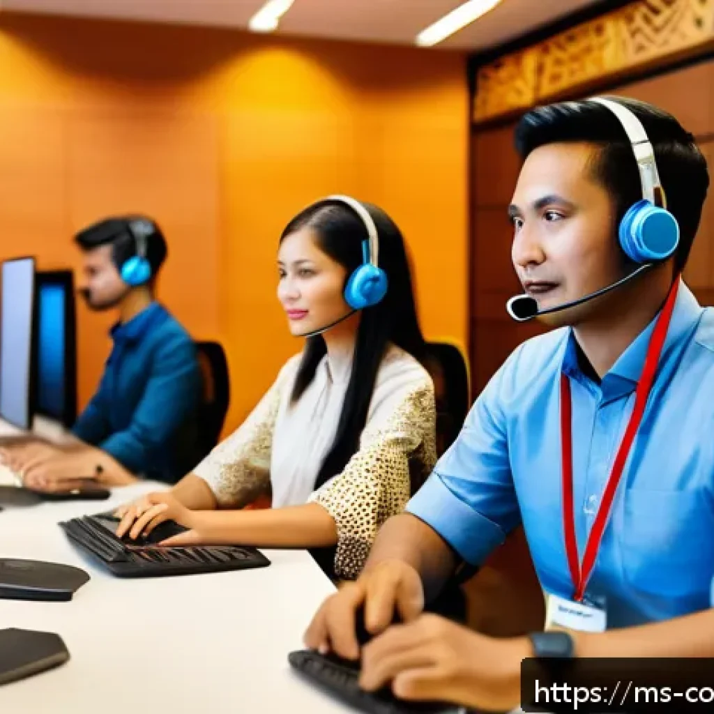 소비자 불만 처리 과정 상세 분석 - A modern Malaysian customer service center with diverse staff attentively listening to customers via...