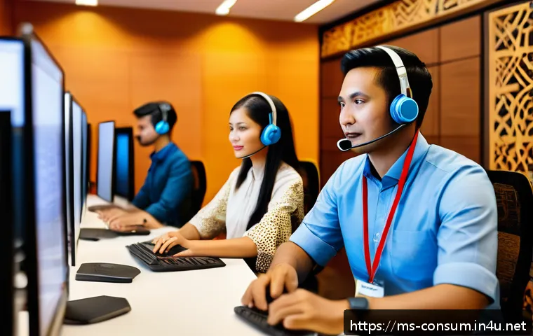 소비자 불만 처리 과정 상세 분석 - A modern Malaysian customer service center with diverse staff attentively listening to customers via...