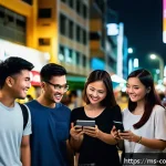 소비자 행동 데이터를 활용한 분석 기법 - A vibrant social media marketing scene in a modern Malaysian urban setting at night, featuring a div...