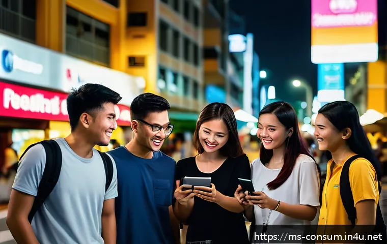 소비자 행동 데이터를 활용한 분석 기법 - A vibrant social media marketing scene in a modern Malaysian urban setting at night, featuring a div...
