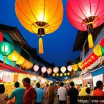 소비자 행동 분석과 마케팅의 관계 - A vibrant Malaysian street market scene during a festive season like Hari Raya, showcasing diverse e...