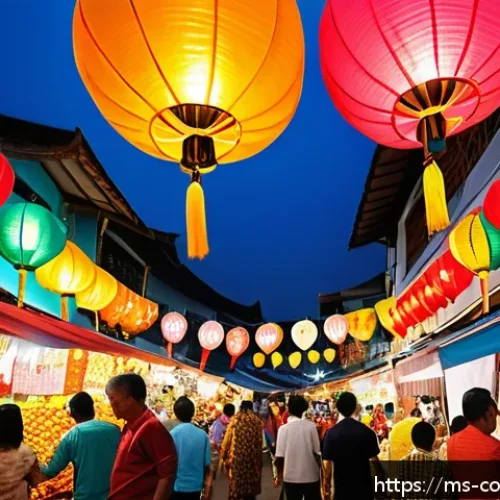 소비자 행동 분석과 마케팅의 관계 - A vibrant Malaysian street market scene during a festive season like Hari Raya, showcasing diverse e...