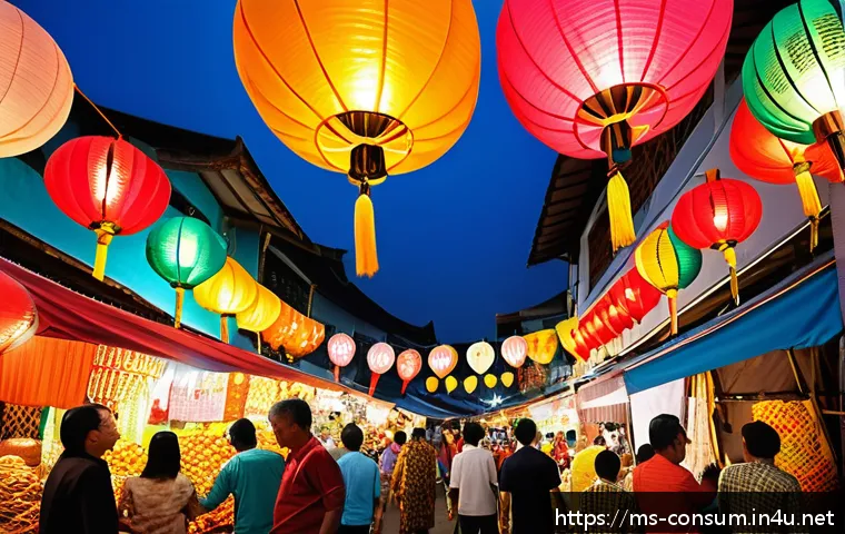 소비자 행동 분석과 마케팅의 관계 - A vibrant Malaysian street market scene during a festive season like Hari Raya, showcasing diverse e...