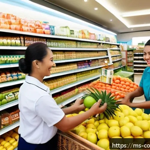 소비자중심 경영 사례와 성공적인 시장 전략 연구와 분석 - A vibrant Malaysian local grocery store scene showing a friendly staff member warmly assisting diver...